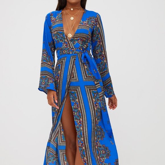 PrettyLittleThing Dresses & Skirts - Pretty Little Things Cobalt Blue Paisley Print Satin Kimono Maxi Dress - Sz 6